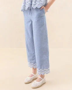 Loeffler Randall Blake Blue Gingham Embroidered Pant| Matching Sets|Bottoms