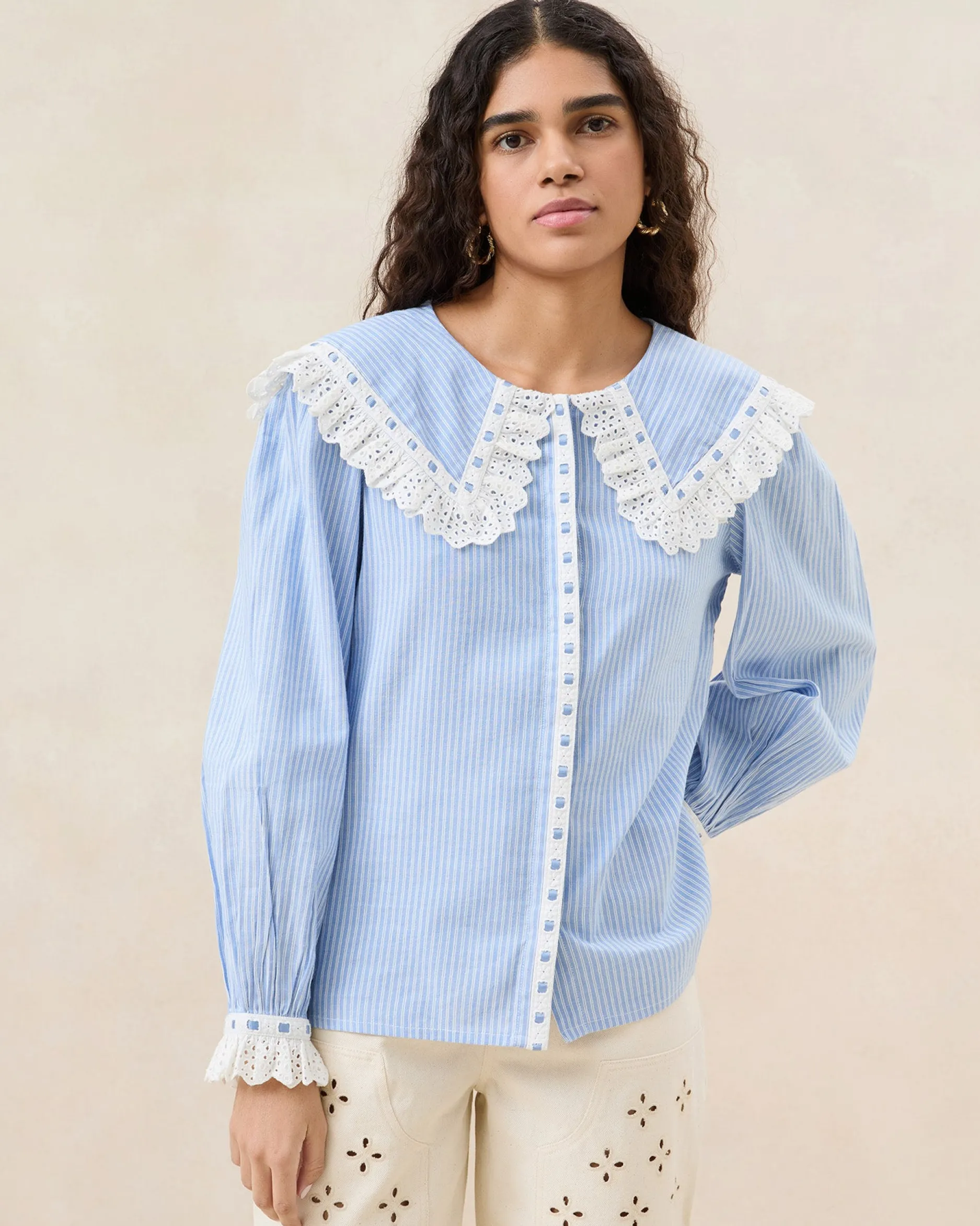 Loeffler Randall Daisy Blue Broderie Collared Blouse| Casual Staples|Jessie Loves