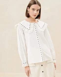 Loeffler Randall Daisy Blue Broderie Collared Blouse| Casual Staples|Jessie Loves