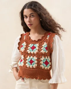 Loeffler Randall Eddie Brown/Cream Floral Vest| Knitwear|Tops