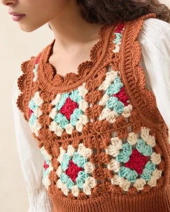 Loeffler Randall Eddie Brown/Cream Floral Vest| Knitwear|Tops