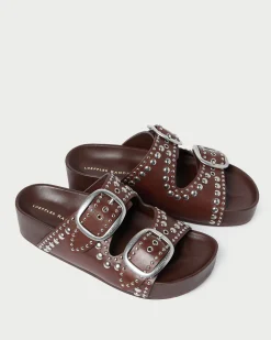 Loeffler Randall Jack Espresso Leather Studded Sandal| Flat Sandals