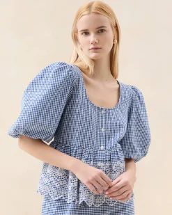 Loeffler Randall Jodie Blue Gingham Embroidered Top| Matching Sets|Tops