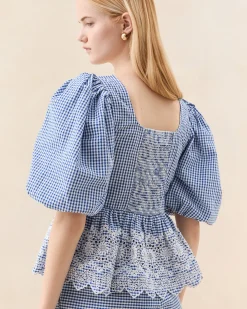 Loeffler Randall Jodie Blue Gingham Embroidered Top| Matching Sets|Tops