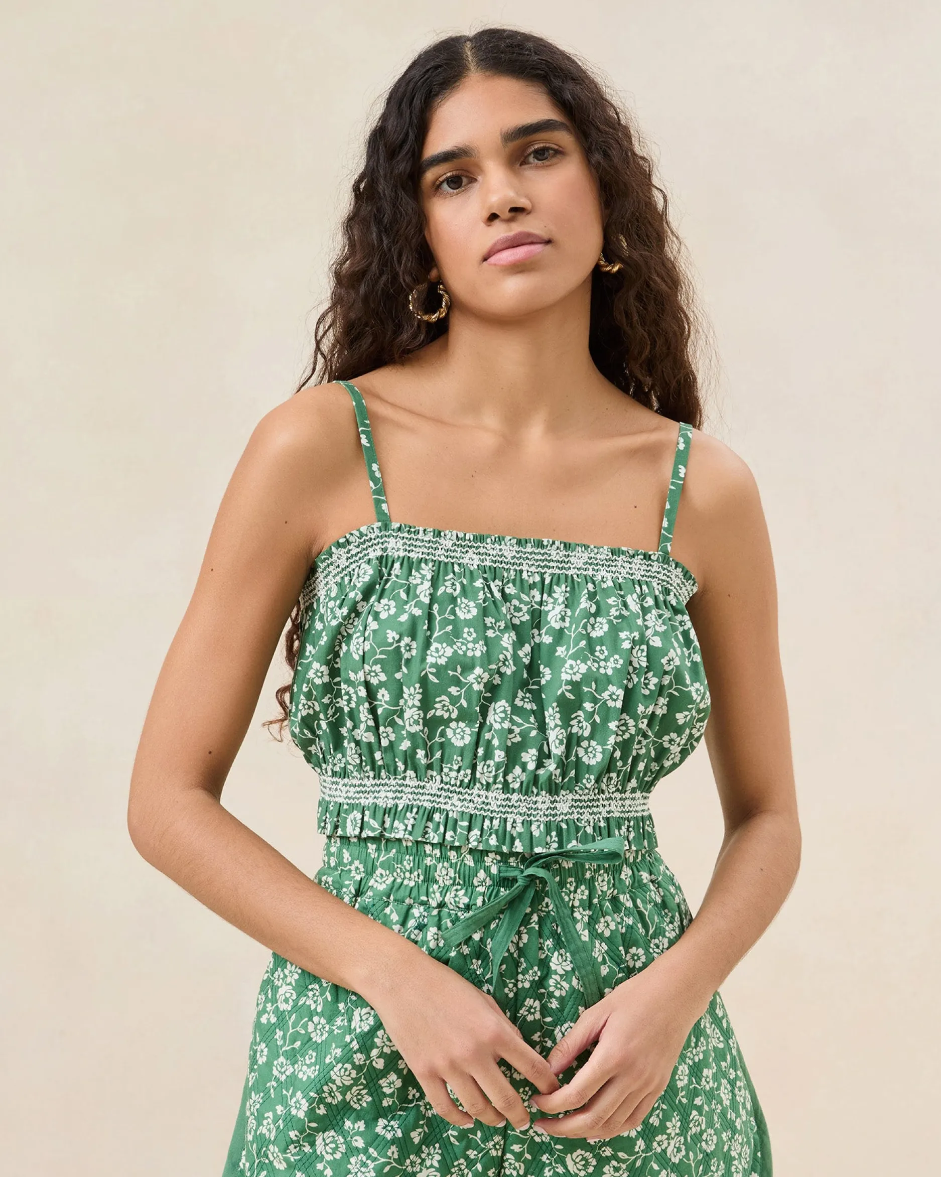 Loeffler Randall Maggie Green Floral Cinched Camisole| Matching Sets|Tops